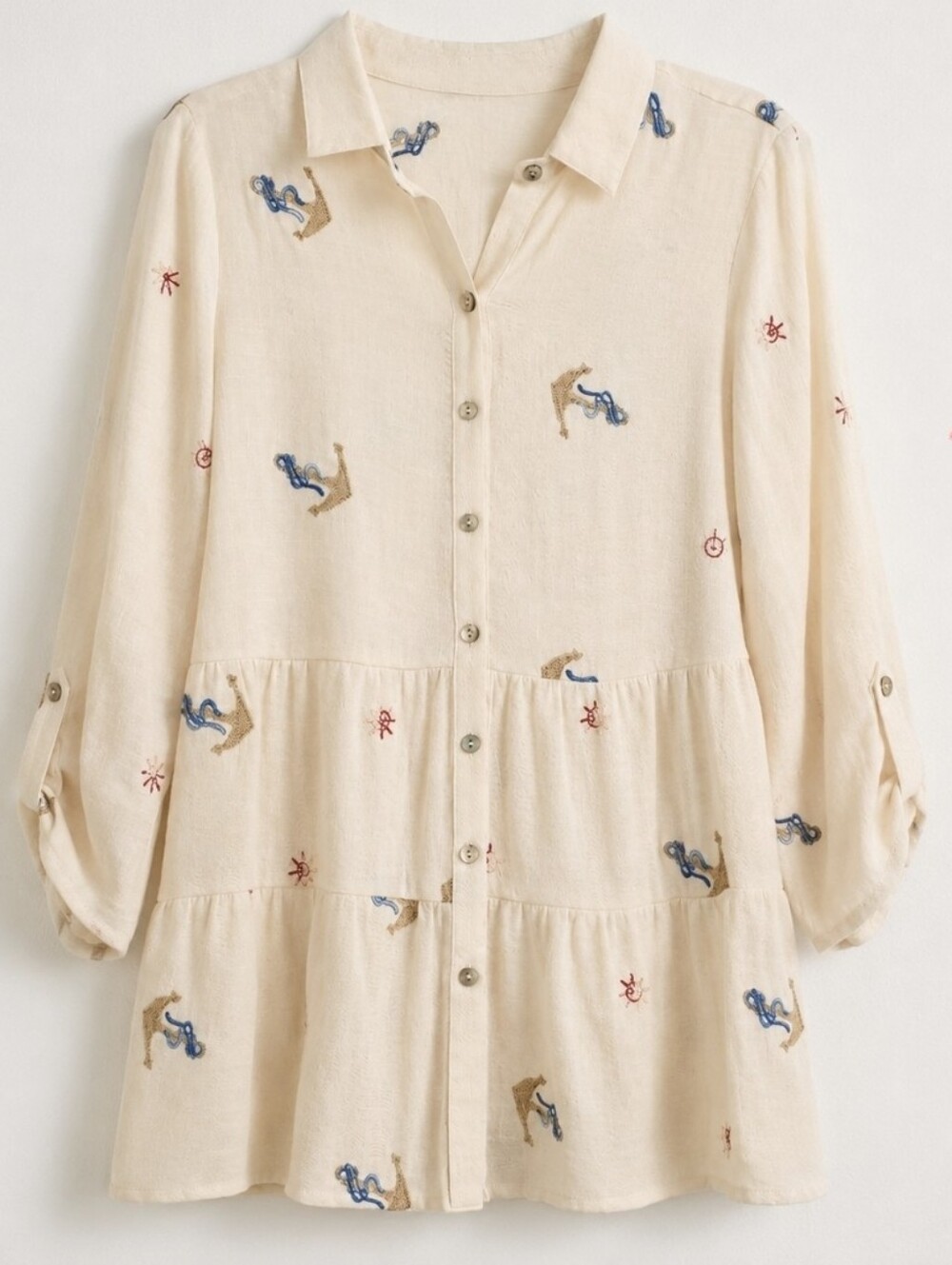 Cream Semi-Sheer Embroidered Tiered Tunic Top